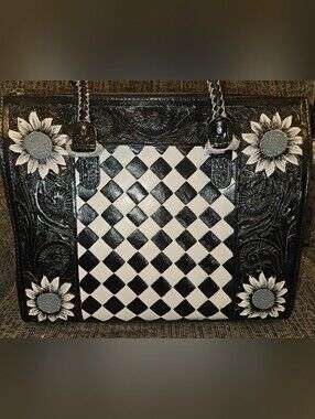 Black & White Checkered And Floral Tooled Leather Tote *Limited Edition*